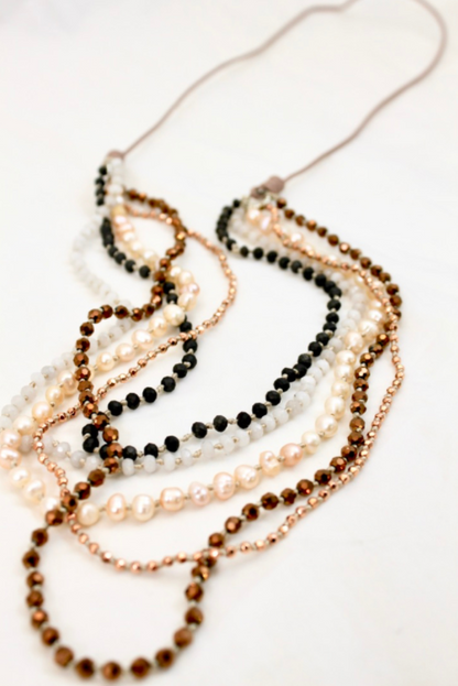 Freshwater Pearl Mix Hand Knotted Long Necklace on Genuine Leather -Layers Collection- NLL-Jicama