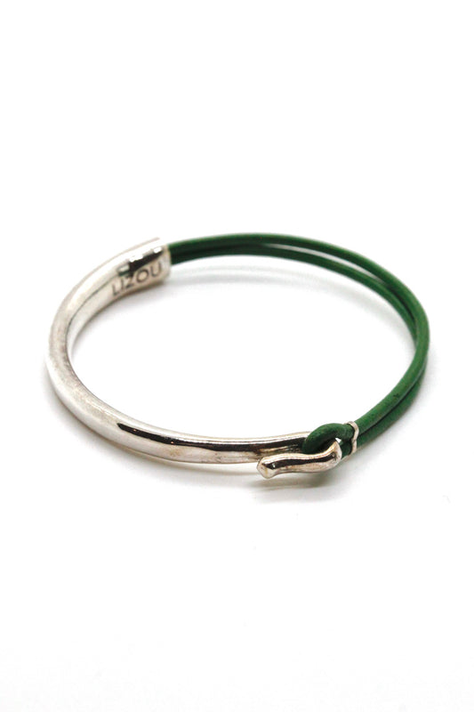 Green Leather + Sterling Silver Plate Bangle Bracelet