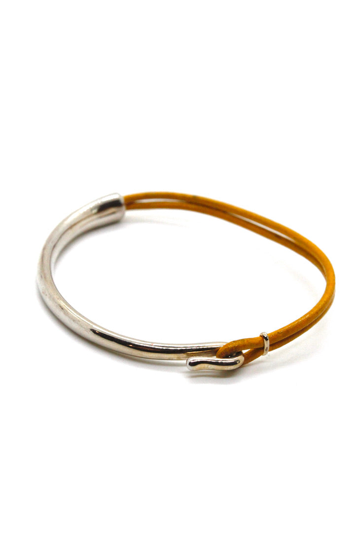 Yellow Leather + Sterling Silver Plate Bangle Bracelet