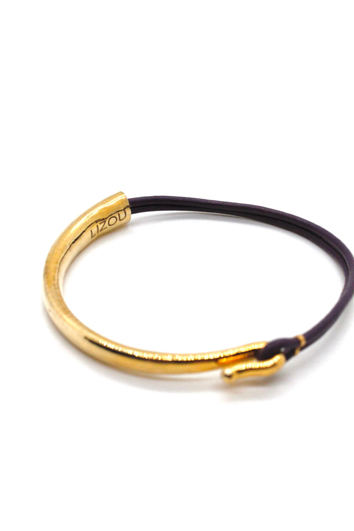 Eggplant Leather + 24K Gold Plate Bangle Bracelet