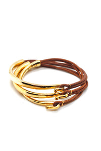 Natural Light Brown Leather + 24K Gold Plate Bangle Bracelet