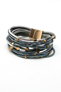 Blue Brass Nugget Leather Bracelet -French Flair Collection- B1-2080