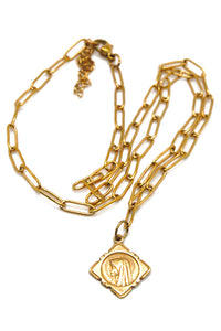 French Religious Gold Medal Charm on Short Gold Chain Necklace -French Medals Collection- N6-015