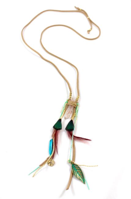 Indian Style Quartz and Feather Leather Long Necklace -The Classics Collection- N2-800