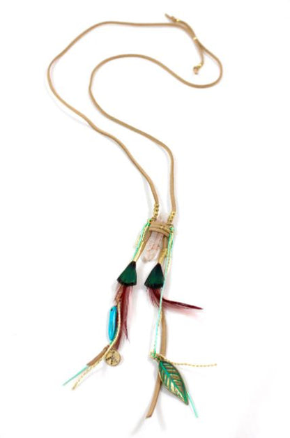 Indian Style Quartz and Feather Leather Long Necklace -The Classics Collection- N2-800