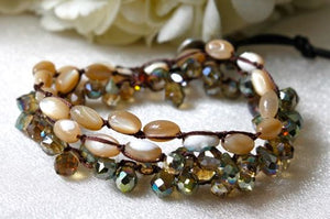 Hand Knotted Convertible Crochet Bracelet, Necklace, or Headband, Mother of Pearl and Crystals - WR-008