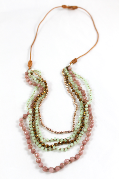 Semi Precious Stone Mix Hand Knotted Long Necklace on Genuine Leather -Layers Collection- NLL-Caterpillar
