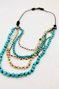 Turquoise Mix Hand Knotted Short Necklace on Genuine Leather -Layers Collection- NLS-Eclipse