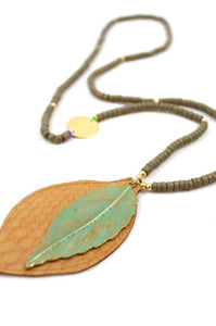 Metal and Leather Leaf Fall Necklace -The Classics Collection- N2-810