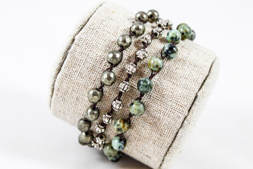 Hand Knotted Convertible Crochet Bracelet, Necklace, or Headband, Pyrite and African Turquoise - WR-040