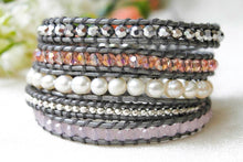 Load image into Gallery viewer, Steel - Freshwater Pearl Mix on Silver Shimmer Leather Wrap Bracelet
