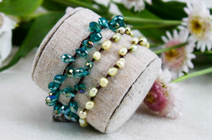 Hand Knotted Convertible Crochet Bracelet, Necklace, or Headband, Crystals and Freshwater Pearls - WR-012