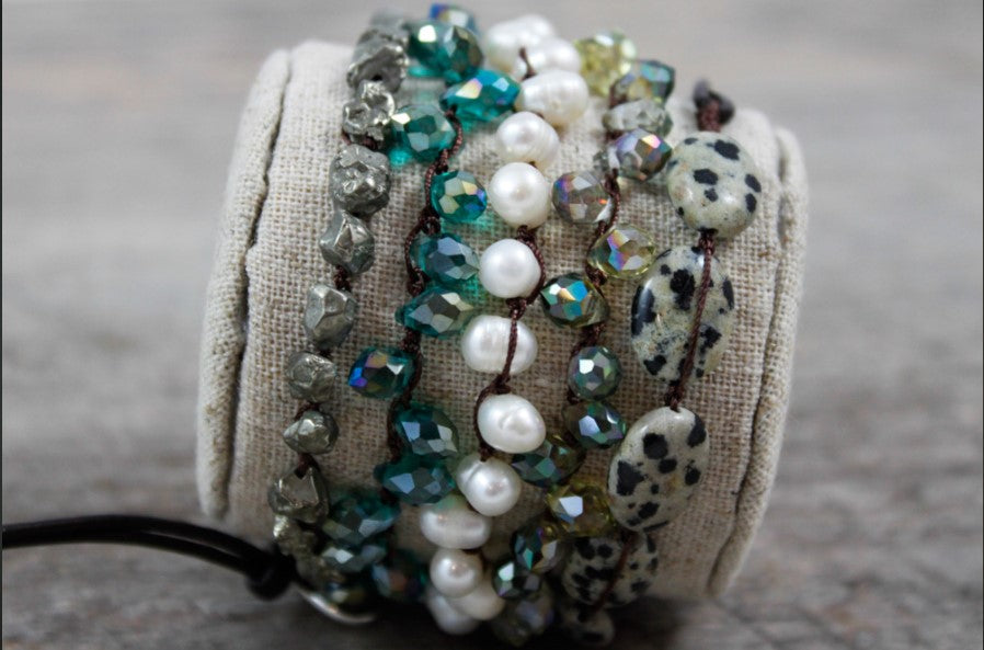 Hand Knotted Convertible Crochet Bracelet or Necklace, Crystals and Stones Mix - WR-106