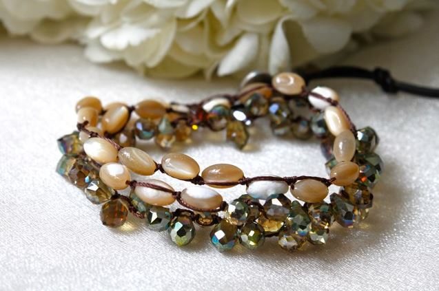 Hand Knotted Convertible Crochet Bracelet, Necklace, or Headband, Mother of Pearl and Crystals - WR-008