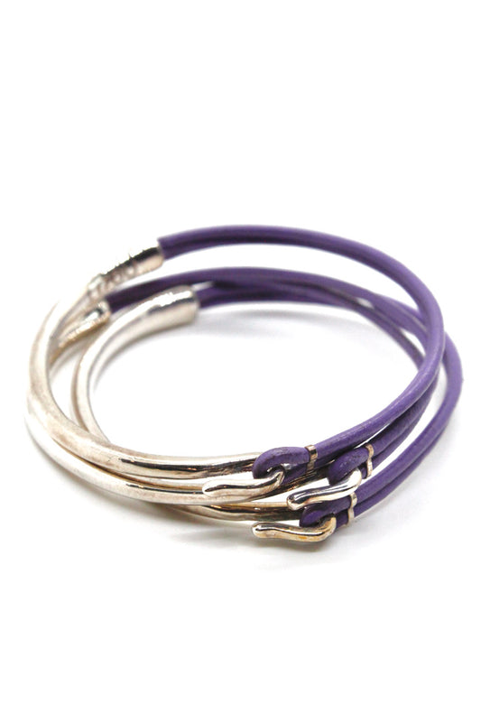 Mauve Leather + Sterling Silver Plate Bangle Bracelet