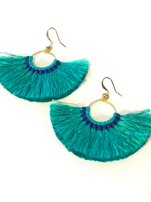 Teal Green Fan Tassel Earrings - E3-227te