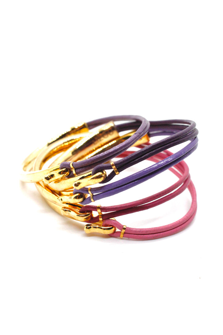 24K Gold Plate and Leather Bangles -5 bracelets- combo #1