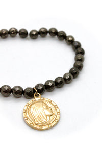 Pyrite Stone Bracelet With Gold French Religious Charm  -French Medals Collection- B6-006