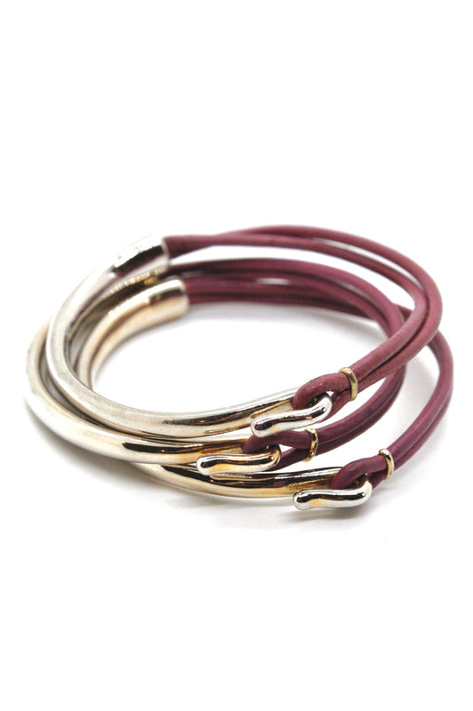 Flower Pink Leather + Sterling Silver Plate Bangle Bracelet