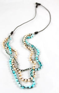 Freshwater Pearl and Turquoise Semi Precious StoneHand Knotted Long Necklace on Genuine Leather -Layers Collection- N5-041