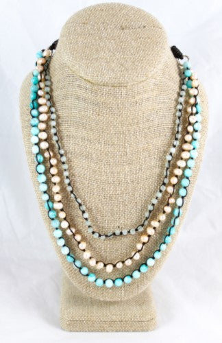 Freshwater Pearl and Turquoise Semi Precious StoneHand Knotted Long Necklace on Genuine Leather -Layers Collection- N5-041