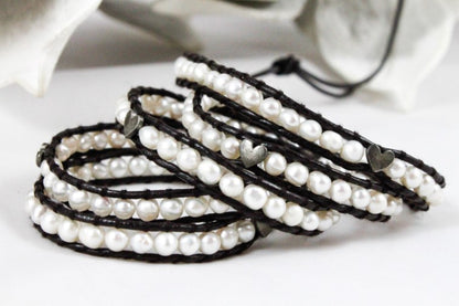 Charmed - White Freshwater Pearls and Hearts Wrap Bracelet