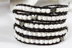 Charmed - White Freshwater Pearls and Hearts Wrap Bracelet