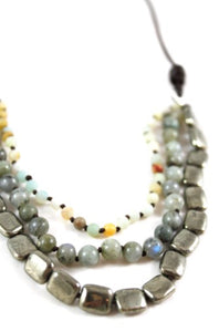 Amazonite, Labradorite and Pyrite Hand Knotted Short Necklace on Genuine Leather -Layers Collection- N4-001