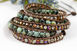 Gypsy - African Turquoise Pyrite and Crystal Mix Leather Wrap Bracelet
