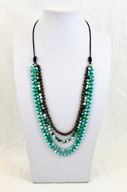 Large Semi Precious Stone Hand Knotted Long Necklace on Genuine Leather -Layers Collection- NLL-M18