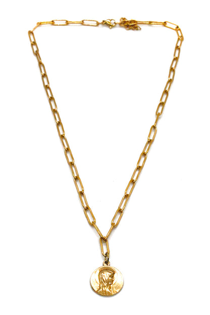 Short Gold Antique Style Chain Necklace with reversible Gold French Religious Charm -French Medals Collection- N6-014