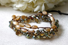 Load image into Gallery viewer, Hand Knotted Convertible Crochet Bracelet, Necklace, or Headband, Mother of Pearl and Crystals - WR-008
