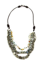 Load image into Gallery viewer, Amazonite, Labradorite and Pyrite Hand Knotted Short Necklace on Genuine Leather -Layers Collection- N4-001
