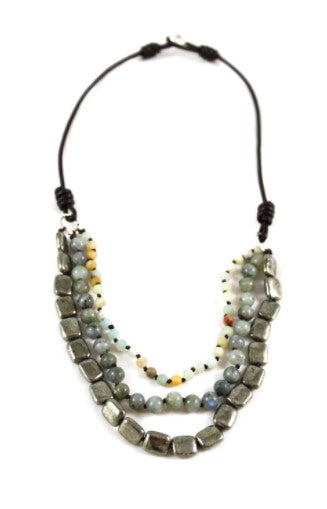 Amazonite, Labradorite and Pyrite Hand Knotted Short Necklace on Genuine Leather -Layers Collection- N4-001