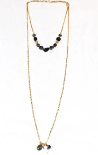 Two Row 24K Gold Plate and Semi Precious Stone Lariat Style Necklace -French Flair Collection- N2-991