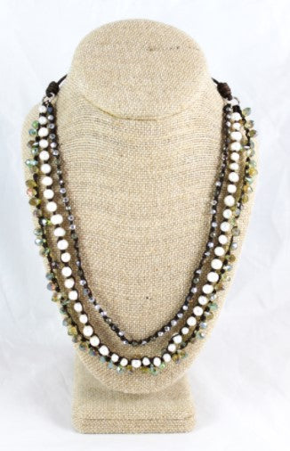 Freshwater Pearl, Pyrite and Drop Crytals Hand Knotted Long Necklace on Genuine Leather -Layers Collection- N5-039