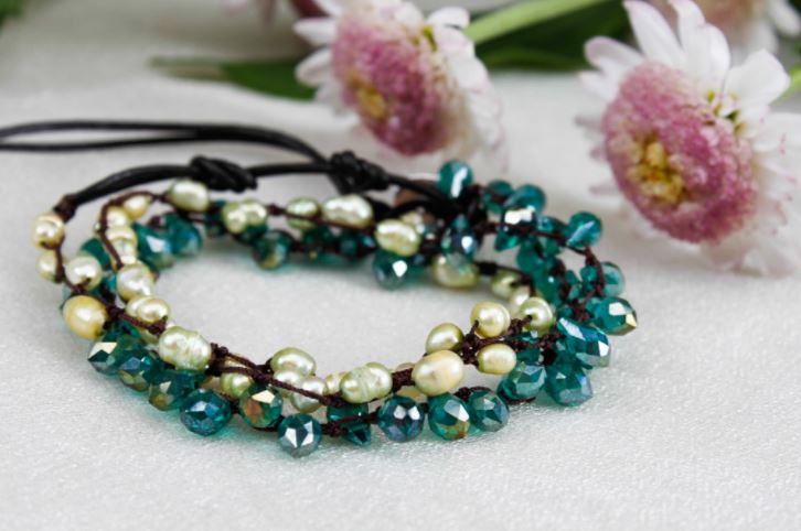 Hand Knotted Convertible Crochet Bracelet, Necklace, or Headband, Crystals and Freshwater Pearls - WR-012