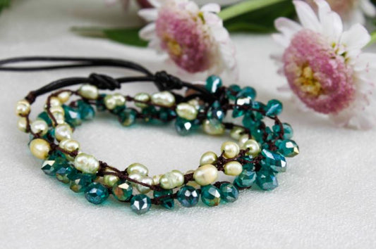 Hand Knotted Convertible Crochet Bracelet, Necklace, or Headband, Crystals and Freshwater Pearls - WR-012