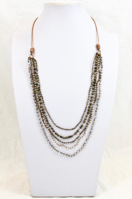 Pyrite Metal and Crystal Mix Hand Knotted Long Necklace on Genuine Leather -Layers Collection- NLL-Precious
