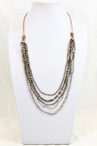 Pyrite Metal and Crystal Mix Hand Knotted Long Necklace on Genuine Leather -Layers Collection- NLL-Precious