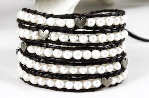 Charmed - White Freshwater Pearls and Hearts Wrap Bracelet