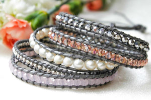 Steel - Freshwater Pearl Mix on Silver Shimmer Leather Wrap Bracelet