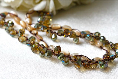 Hand Knotted Convertible Crochet Bracelet, Necklace, or Headband, Mother of Pearl and Crystals - WR-008