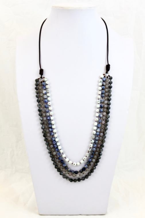 Large Semi Precious Stone Hand Knotted Long Necklace on Genuine Leather -Layers Collection- NLL-M20