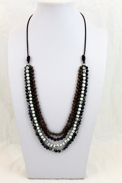 Large Semi Precious Stone Hand Knotted Long Necklace on Genuine Leather -Layers Collection- NLL-M36