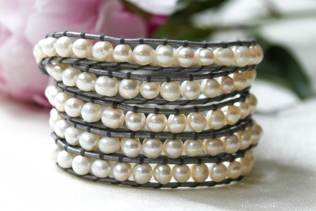 Ice - Freshwater Pearls on Leather Wrap Bracelet