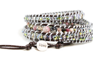 Eris - Semi Precious Stone and Crystal Mix Leather Wrap Bracelet