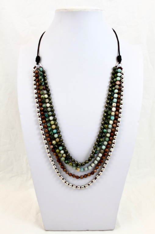 Large Semi Precious Stone Hand Knotted Long Necklace on Genuine Leather -Layers Collection- NLL-M4