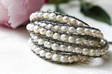 Load image into Gallery viewer, Ice - Freshwater Pearls on Leather Wrap Bracelet
