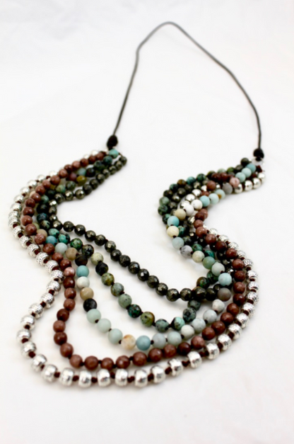 Large Semi Precious Stone Hand Knotted Long Necklace on Genuine Leather -Layers Collection- NLL-M4